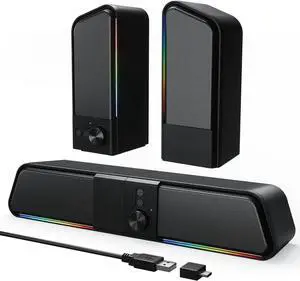 2 in 1 Bluetooth Computer Speakers for Desktop, USB Plug & Play Clear Sound PC Speakers with RGB Light, Monitor Sound Bar with Volume Knob, Gaming Speaker for PC Laptop Phone Tablet