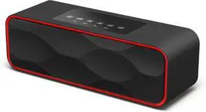 Portable Wireless Bluetooth Stereo Speaker with Powerful Sound 10W Acoustic Drivers Built-in Mic FM Radio Micro SD Card USB AUX-in Slot for Smartphone, PC, MP3 and More DY22-Black/Red