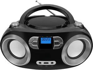 Portable CD Player Boombox with FM Radio, Bluetooth, USB Port, AUX Input, and Headphone Jack  CD-R/CD-RW/MP3-CD Compatible, Clear Stereo Sound, Backlit LCD Display  Black