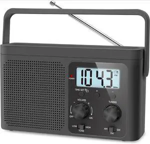 AM FM Radio Portable - Shortwave Radio Battery Powered or Plug in Wall for Home Outdoor, Strong Reception, Large Dial Easy to Use, Digital Time Display, Transistor Antenna, Seniors Small Gfit