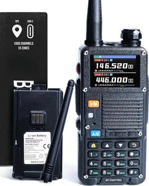 BF-F8HP PRO 10 W Tri-Band Two-Way Radio  UV-5R 7th Gen, 1000 Channels, GPS & NOAA Weather, Aviation/VHF/UHF/1.25 m Scanner, IP54 Rugged, USB-C Rechargeable Battery