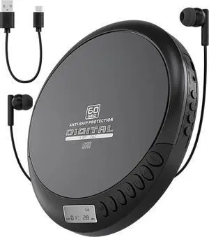 Portable CD Player with Headphones, FM Radio and MP3 Compatible, LCD Display, 60-Second Anti-Skip Protection, Shockproof Design for Easy Travel, Includes Micro USB Cable for Charging