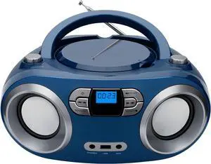 Portable CD Player Boombox with FM Radio, Bluetooth, USB Port, AUX Input, and Headphone Jack  CD-R/CD-RW/MP3-CD Compatible, Clear Stereo Sound, Backlit LCD Display  Blue Jay