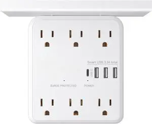 Power Charger with Shelf, Wall Outlet Extender Surge Protector with 6 AC Outlets, 4 USB Ports(1 USB C) Plug Expander Charger Shelf with Storage for Home, Dorm