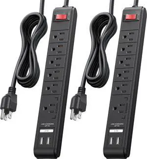 2-Pack 6-Outlet Surge Protector Power Strip with USB Ports - 8ft, Long Extension Cord, Surge Protector with USB Ports, Black