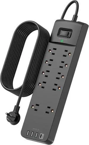 12FT Long Power Strip Surge Protector, Surge Protector with 10 Outlets and 4 USB Ports, Extension Cord with Flat Plug, 2700 Joules, ETL Listed, Black