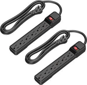 2-Pack 6-Outlet Power Strip Surge Protector, 6Ft Long Extension Cord, UL Listed, Low Profile Flat Plug, 15 Amp Circuit Breaker, 500 Joules, Wall Mount, Black