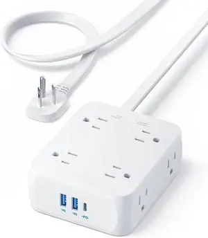 Surge Protector Flat Plug Power Strip 2000J, 5ft Thin Extension Cord, 8 Outlets,2 USB A and 1 USB C Port,20W for iPhone15,Wall Mount,Compact for Home,Office,Room,TUV Listed