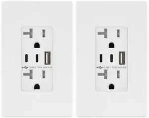 4.2A 21W 3-Port Type C USB Outlet, 20 Amp Receptacle Plug, Charging Power Outlet with Dual Type C&A Ports, Screwless Wall Plate Included, UL Listed, TU22042AC2-WSID, White, 2 Pack