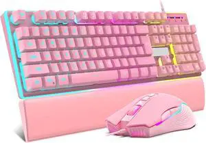 Wired Gaming Keyboard and Mouse and Wrist Rest Combo, RGB Backlit, Mechanical Feel Anti-ghosting Keyboard + 7D 7200 DPI Mice+Soft Leather Wrist Rest 3 in 1 PC Gamer Accessories(Pink)