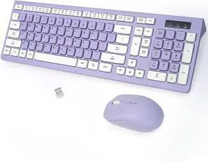 Wireless Keyboard and Mouse Combo, Full-Sized Wireless Keyboard and Adjustable DPI Mouse for PC, Windows, Desktop, Laptop, 2.4GHz USB Receiver, Purple