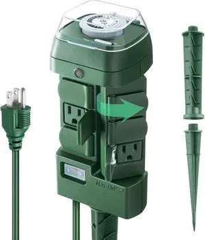Outdoor Stake Timer Waterproof, 24 Hour Mechanical Power Strip Timer with 6 Outlets(3 180° Rotatable), 6ft Extension Cord Yard Stake Timer for Outdoor Christmas Lights, Heavy Duty, UL Listed