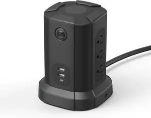 Rectangular Power Strip Tower Surge Protector 1080J, 9 Outlet with Integrated USB Charging Ports (2 USB-A and 1 USB-C), 15A, 6ft Cord, Black
