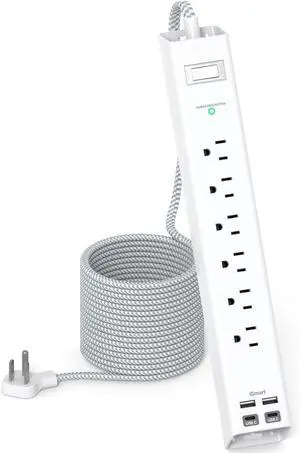 15FT Power Strip Surge Protector, Extension Cord with Multiple Outlets, 6 AC Outlet 4 USB (2 USB C), Flat Plug, Wall Mount, Multi Plug Outlet Extender for Home Office Dorm Room Essentials