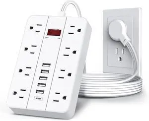 Power Strip with USB, Flat Plug Extension Cord Surge Protector 5 Ft, Power Strip with 8 Widely Spaced Outlets 6 USB Charger (1 USB C Port), Desk Charging Station for Home Office, White