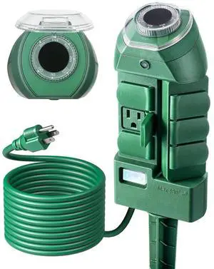 Outdoor Power Strip Timer with Photocell, Weatherproof Countdown Light Control, 6 Outlets 10ft Cord Dusk to Dawn Outdoor Timer for Halloween/Christmas Lights, Yard, 1875W/15A UL Listed