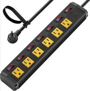 6 Outlet Metal Heavy Duty Power Strip with Individual Switches, 6FT Wall Mount Garage Power Strip, Surge Protector (1200 Joules), 15amp/1875W, 14AWG SJT Power Cord