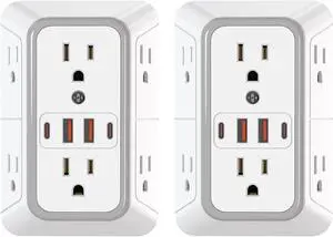 2 Pack Outlet Extender Surge Protector, 6 Outlet Splitter with 4 USB Outlet (2 USB A,2 USB C), 3Sided Power Strip with Adapter Spaced Outlets for Home, Office, Travel(White)