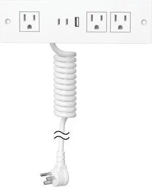 Furniture Drawer Outlet, Recessed Power Strip with (3) PD 20W USB Ports Fast Charging & (3) 15 Amp AC Outlets, (14 AWG) 5 FT White Spring Cord