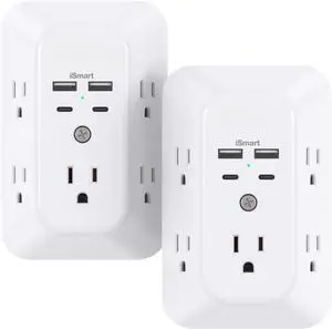 2 Pack Surge Protector Outlet Extender - 5-Outlet Splitter with 4 USB Wall Charger(2 USB-C Ports), Multi Plug Outlet Power Strip for Home, Dorm Room Essentials