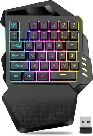 Wireless One-Handed Gaming Keyboard, 2.4Ghz RGB Backlit Mini Gaming Keypad, Rechargeable 2000mAh Battery for PC Gamer