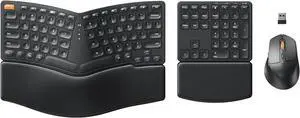 Ergonomic Keyboard Mouse, EKM04 2.4GHz USB Wireless Ergo Keyboard Mouse Combo with Separate Numeric Keypad, Split Design, Hard Wrist Rest, Rechargeable, for Windows Desktop/PC/Laptop