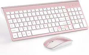 Wireless Keyboard and Mouse Ultra Slim Combo, 2.4G Silent Compact USB 2400DPI Mouse and Scissor Switch Keyboard Set with Cover, 2 AA & 2 AAA Batteries,for PC/Laptop/Windows/Mac-Rose Gold White