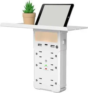 Wall Outlet Extender with Shelf and Night Light, Surge Protector with 3 USB Ports (2A+1C) and 6 AC Outlets, Multi Plug Power Strip Electric Outlet Splitter for Home and Office Use (White)