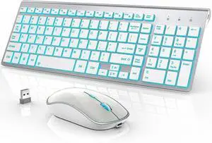 Wireless Keyboard and Mouse Combo with 7 Backlit Options,Quiet Light Up Keys,Type-C Rechargeable,Sleep Mode-2.4G Slient Portable Cordless Combo for Laptop/PC/Computer/Mac(White+Sliver)
