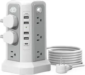 Surge Protector Power Strip Tower with USB C Port(PD18W),10FT Extension Cord with 12 AC Outlets 5 USB Charging Ports, Power Tower Surge Protection for Home Office DormRoom