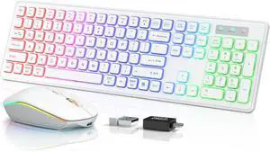 Wireless Keyboard and Mouse - RGB Backlit, Rechargeable & Light Up Letters, Full-Size, Ergonomic Tilt Angle, Sleep Mode, 2.4GHz Quiet Keyboard Mouse for Mac, Windows, Laptop, PC(White)