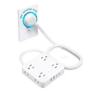 FOR360° Rotating Plug Power Strip, 5FT Flat Extension Cord with Multiple Outlets 4 USB (2 USB C), Wall Mount Surge Protector 1440 Joules for Home Office Travel Dorm Room Essentials, White