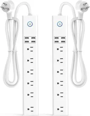 2 Pack Power Strip Surge Protector Flat Plug - 6 Widely Spaced Outlets 4 USB Charging Ports, 2100J/10A with 6Ft Long Extension Cord, Overload Surge Protection, Wall Mount for Home Office