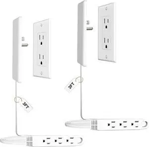 2 Pack 3FT Flat Plug Extension Cord Power Strip with 3 Outlets, Patented Detachable Ultra-Thin Outlet Cover Concealer & Ultra-Flat Plug, Max. 13A 125V 1625W ETL Listed, White Color