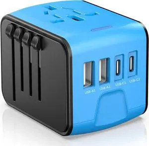 Universal Travel Plug Adapter, International Power Adapter with 2 USB-C & 2 USB-A Ports and Multi AC Sockets, 5-in-1 Worldwide Travel Outlet Charger Adapter for EU US UK AU 200+ Multi Countries