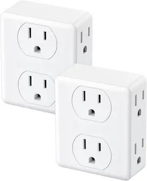 2 to 3 Prong Outlet Adapter, 2 Pack 2 Prong Power Strip, 6 Widely Spaced Sockets Extender, 3-Sided Wall Plug Splitter, 1875W Max, Compact Wall tap for Non-Grounded Outlets in Old House Hotel