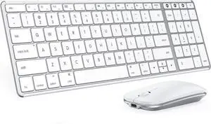 Bluetooth Keyboard and Mouse for Mac, SKM64-2 Multi-Device Rechargeable Slim Wireless Keyboard Mouse Stainless Steel Full Size, Compatible with MacBook Pro/Air, iPad, Mac - White Silver