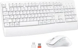 White Wireless Keyboard and Mouse, 2.4G USB Receiver Plug-and-Play, Computer Keyboard with Wrist Support, 3 Level DPI Mouse, Long Time Lasting Battery for PC/Mac/Windows/Laptop, White