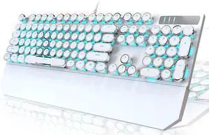 Typewriter Style Mechanical Gaming Keyboard, White Retro Punk Gaming Keyboard with Blue Backlit, 104 Keys Blue Switch Wired Cute Keyboards, Round Keycaps for Windows/Mac/PC