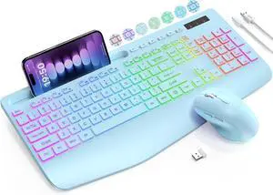 Wireless Keyboard and Mouse Combo, 9 Backlit Effects, Wrist Rest, Phone Holder, 3 DPI Speed, 2.4G Ergonomic Keyboards, Rechargeable Silent Cordless Set for Computer, Laptop, Mac, Windows, Blue