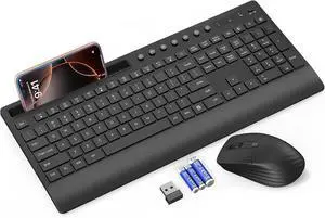 Wireless Keyboard and Mouse Combo - Full-Size Quiet Keyboard with Palm Rest, Phone Holder, Multimedia Keys, Power Switch, Compatible with Windows, Chrome OS, PC, Laptop (Batteries Included)