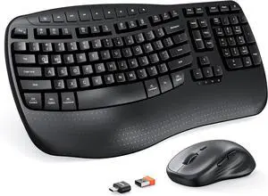 New Ergonomic Keyboard and Mouse Wireless Combo, Wave Keys Natural Typing, 2.4G Wireless Keyboard with Wrist Rest, 4 Adjustable DPI Optical Mouse, Computer/Laptop/Windows/Mac, Black