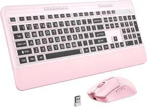 Wireless Keyboard and Mouse Combo - Keyboard with Large Print Cover, 2.4GHz Full-Sized Ergonomic Keyboard with Wrist Rest and Mouse for Laptop, PC, Notebook, Desktop