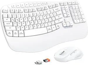 New Ergonomic Keyboard and Mouse Wireless Combo, Wave Keys Natural Typing, 2.4G Wireless Keyboard with Wrist Rest, 4 Adjustable DPI Optical Mouse, Computer/Laptop/Windows/Mac, White