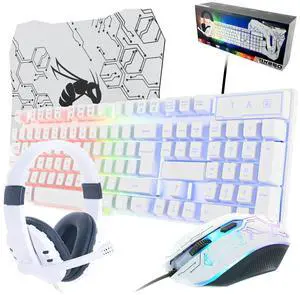Gaming Keyboard and Mouse and Gaming Headset & Mouse Pad, Wired LED RGB Backlight Bundle for PC Gamers Users - 4 in 1 White Edition Hornet RX-250