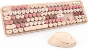 Wireless Keyboard and Mouse, Cute Keyboard and Mouse, 2.4G Wireless Keyboard with Retro Round Keycap for PC, Mac, Laptop,Computer Windows (Milk Tea)