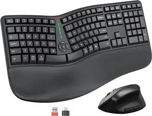 Ergonomic Wireless Keyboard and Mouse, Ergo Keyboard with Vertical Mouse, Split Curved Keyboard with Wrist Rest, Natural Typing Rechargeable Full Size, Windows/Mac/Computer/Laptop, Large Size