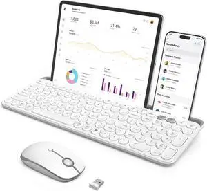 Bluetooth Keyboard and Mouse for iPad, CTU-301 Multi-Device Bluetooth + 2.4G Wireless Keyboard Mouse with Tablet Holder for MacBook/Windows Computer, iOS/Andriod Tablet Phone, White