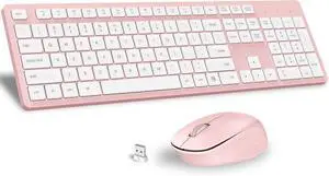 Pink Wireless Keyboard and Mouse Combo, Full-Sized Ergonomic Computer Keyboard, 2.4GHz Cordless Keyboard Silent Mouse Set with 2-in-1 USB Receiver, 12 FN Shortcuts for Windows Laptop, PC/Mac