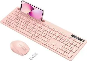 Wireless Keyboard and Mouse for MacBook, Pink Rose Wireless Keyboard with Phone Holder, USB A & Type C Receivr, Full-Size Combo for Mac, MacBook/Air/Pro Windows PC Computer